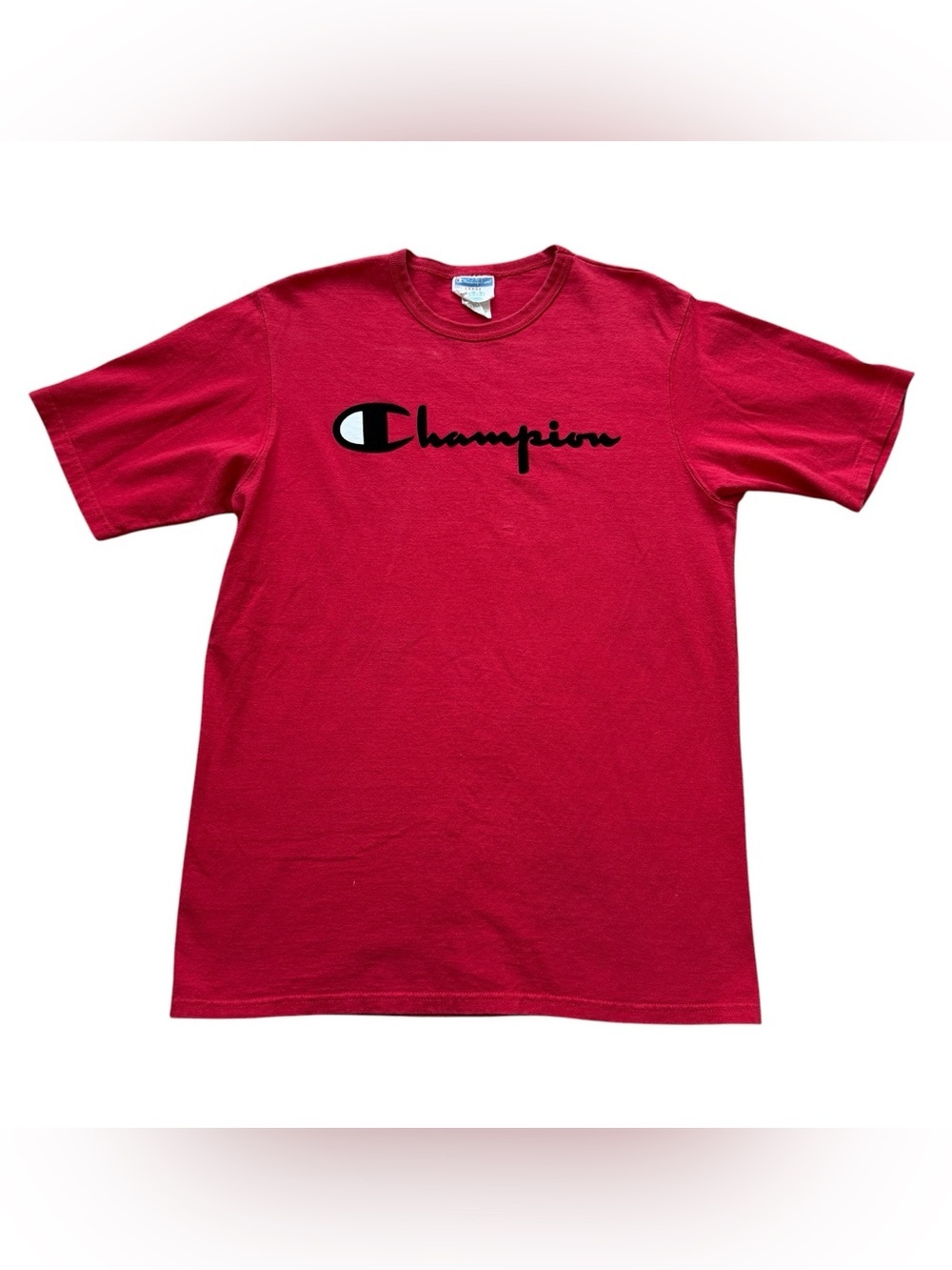 Vintage Champion Script Logo Graphic T-Shirt Red Single Color Large Cotton Y2K